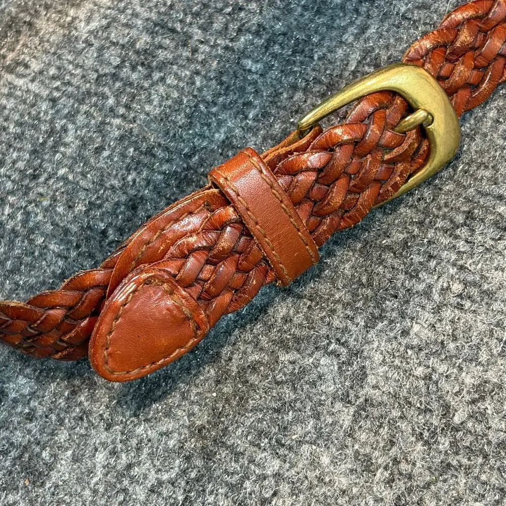 Lands' End Youth Brown Braided Leather Belt Solid Brass Buckle Size M 24-26